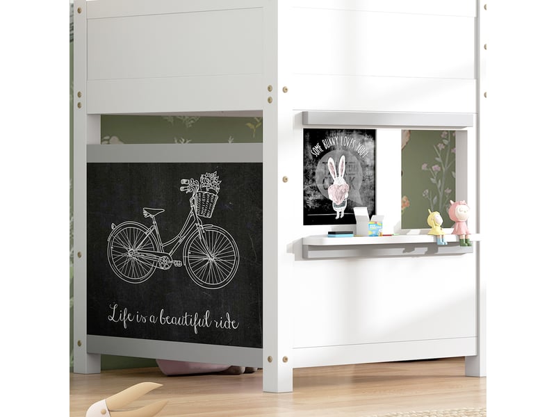  Lit cabane enfant 90x200 superposé blanc avec tableau noir et étagère  - Conforama R