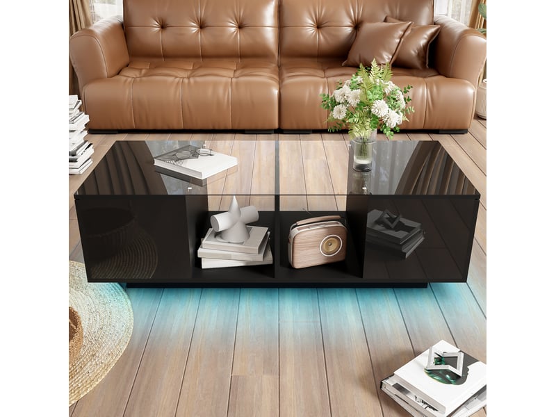  Table basse noire 120 x 50 cm avec led 16 couleurs, plateau en verre et rangements  - Conforama B
