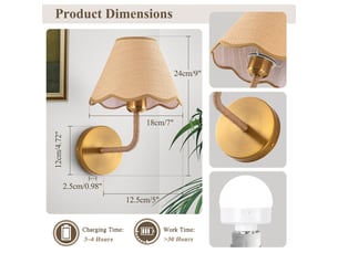 Lot de 2 appliques murales sans fil à piles, dorées avec abat-jour en rotin, ampoules non incluses