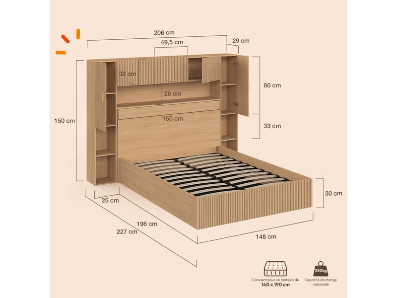  Lit pont coffre double juliette armoire avec rangements et sommier 140 x 190 cm effet lattes tasseau de bois  - Conforama E