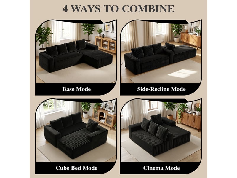  Canapé d'angle, canapé modulable, en velours tricoté, noir, assise profonde, style cloud, pour salon, version gauche, chambre  - Conforama C