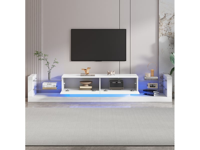  Meuble tv modenvie blanc brillant avec led et façade en verre 181 x 38 x 38 cm  - Conforama E