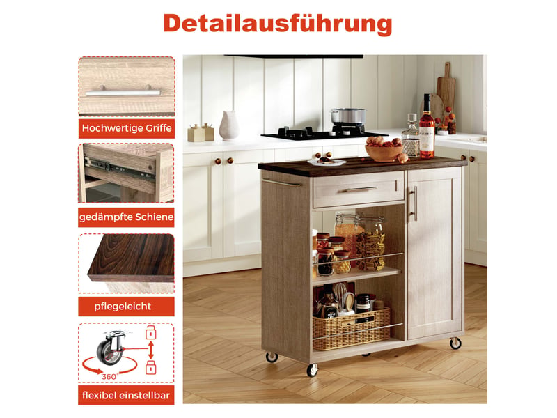  Chariot de cuisine à roulettes îlot de cuisine mobile avec tiroir et étagères 90x62x90 cm chêne sonoma  - Conforama D