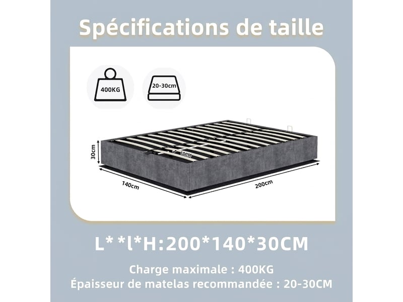  Cadre de lit coffre 140x200 cm gris en velours hollandais sans tête de lit - structure métal robuste  - Conforama C