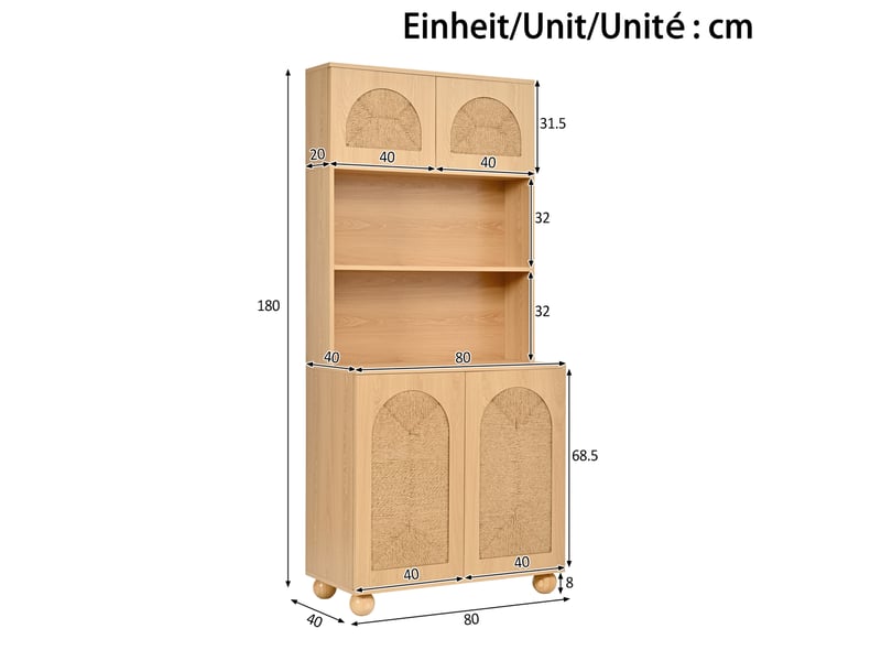  Buffet haut ulevr de rangement 80 x 40 x 180 cm, 4 portes à décor tressé, étagère réglable, mdf et panneaux de particules, naturel  - Conforama C