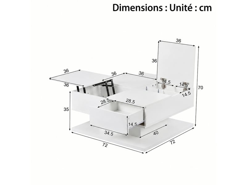  Table basse relevable blanche brillante avec grand rangement, 72 x 72 x 35 cm  - Conforama C
