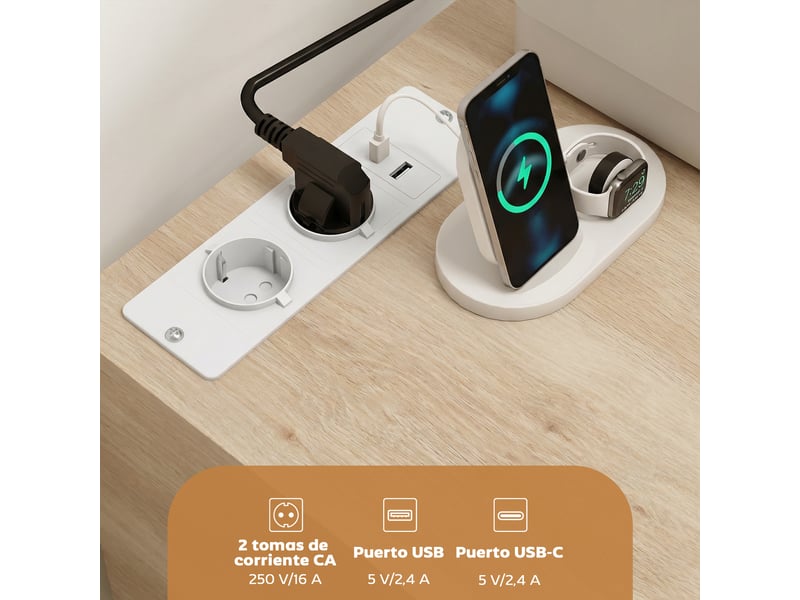  Meuble pour imprimante avec station de charge et roulettes, 5 tiroirs, ports usb, étagère réglable, naturel  - Conforama E