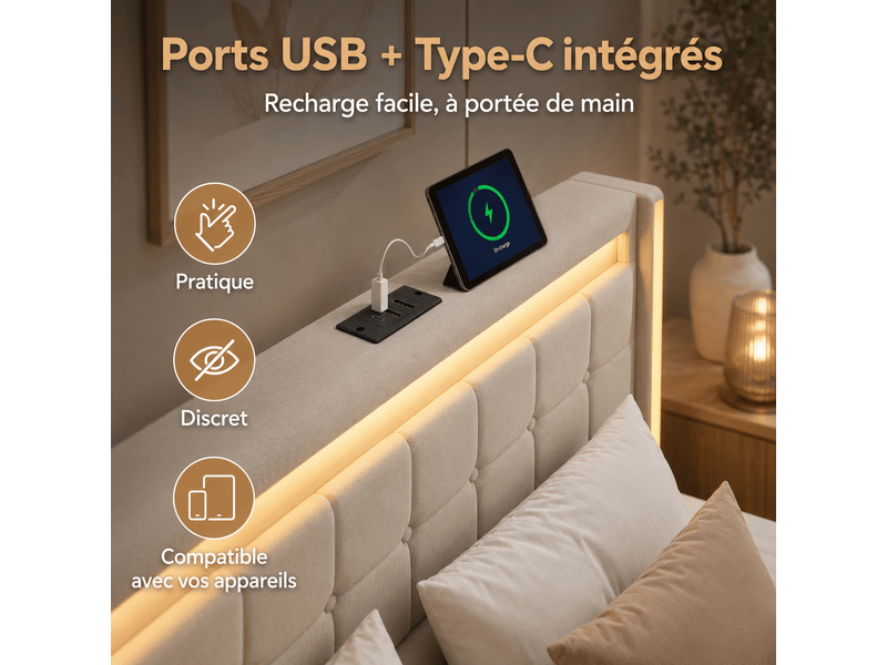  Lit 140 x 190 cm avec sommier à lattes - cadre de lit double avec led et usb tpye c- lit double rembourré avec 4 tiroirs de rangement et tete de lit capitonné - 2 personnes - 2 places- en lin - beige - adulteado - sans matelas -…  - Conforama R