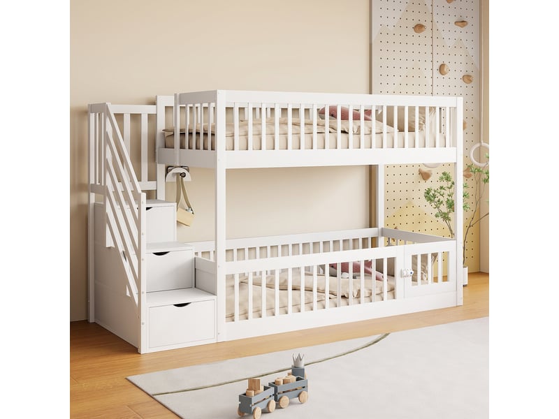  Lit superposé 90x200 en bois massif blanc avec échelle et rangements pour enfant  - Conforama B