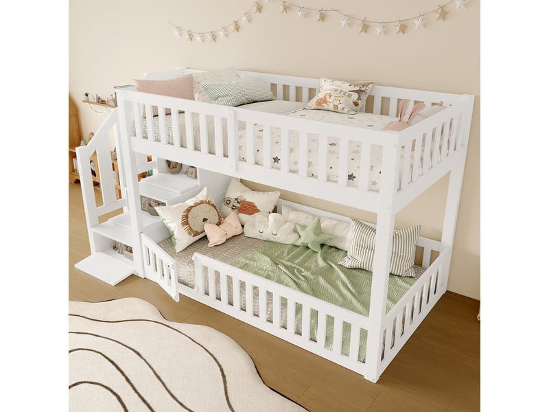  Lit mezzanine blanc 90x200 cm avec bureau, échelle et rangements intégrés – sans matelas  - Conforama B