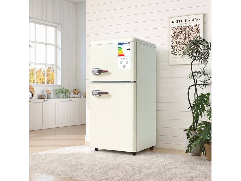 Réfrigérateur double porte 60 l crème, 7 réglages 0–10 °c, congélateur 4 étoiles, led et clayettes réglables, classe e - Conforama E