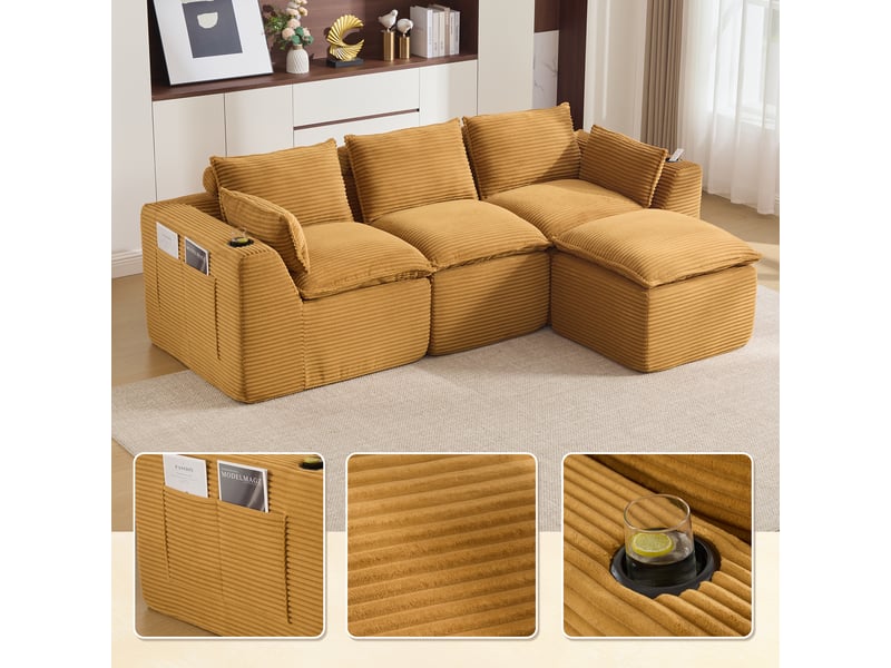 Canapé modulable 3 places en velours côtelé orange avec pouf, coussins et porte-gobelets inclus - Conforama B