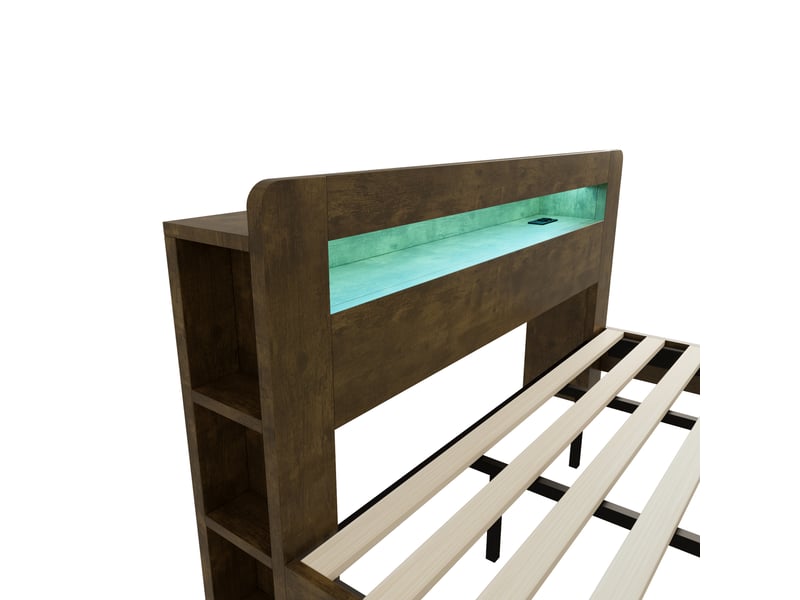  Lit 180x200 cm effet bois naturel, tête de lit avec rangement, led et prises intégrées Fay Lum - Conforama E