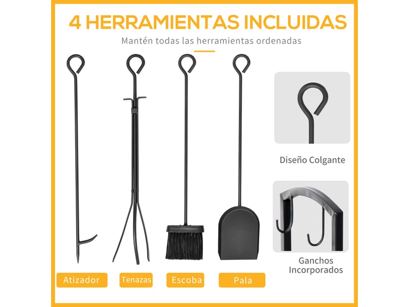  Porte-bûches métallique 2 niveaux, 4 outils de cheminée, 40 x 30 x 74,5 cm, charge 100 kg  - Conforama R