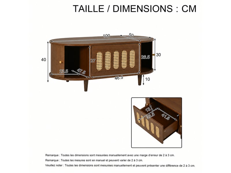 Table basse couleur noyer, table de salon avec tiroir et portes, 100x50x40 cm, design rotin - Conforama C
