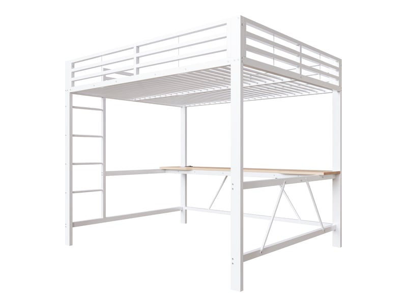  Lit mezzanine gaming 160x200 cm blanc, avec bureau, led, usb, rangements, structure métal, sommier inclus, sans matelas  - Conforama D