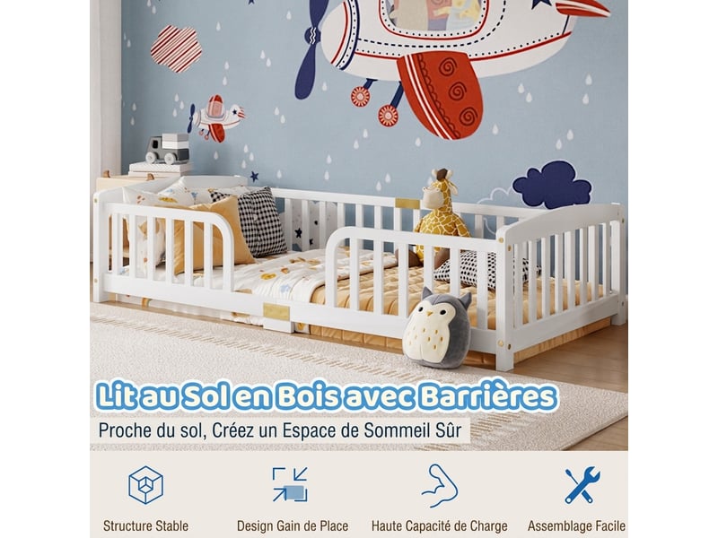  Lit au sol 90x200 cm enfant avec barrière de sécurité - bois de pin massif blanc  - Conforama E