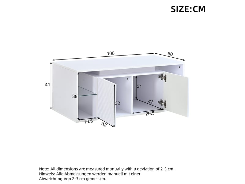  Table basse led avec 2 portes et niches semi-ouvertes, en panneau de particules blanc, pour salon, 100 × 50 × 41 cm  - Conforama D