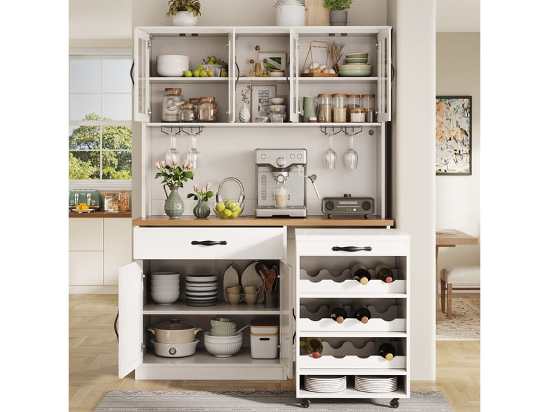  Meuble de cuisine muvano blanc avec desserte amovible et éclairage led, buffet 140 x 38 x 180 cm  - Conforama D
