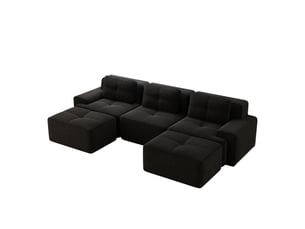 Canapé d'angle, canapé modulable; en velours tricoté, forme u, 3 places, noir, style cloud, sans cadre, avec pouf, sans montage