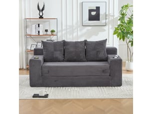 Canapé modulable 3 places 172x87 cm - assise moelleuse avec coussins rembourrés - porte-gobelets et poches latérales - velours côtelé gris