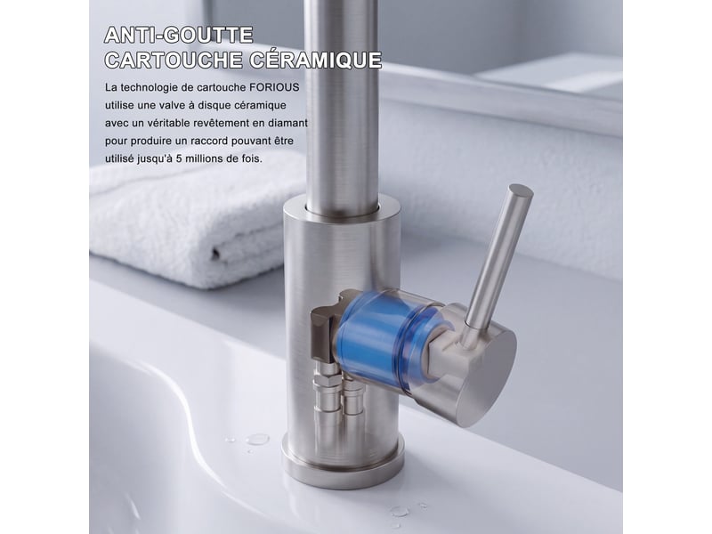  Mitigeur de cuisine extractible en acier inoxydable, cartouche céramique et 2 modes de jet - gris  - Conforama D