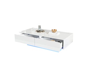 Table basse 115x55x34 cm avec led, 2 tiroirs, rangement, finition haute brillance, table de salon, blanc