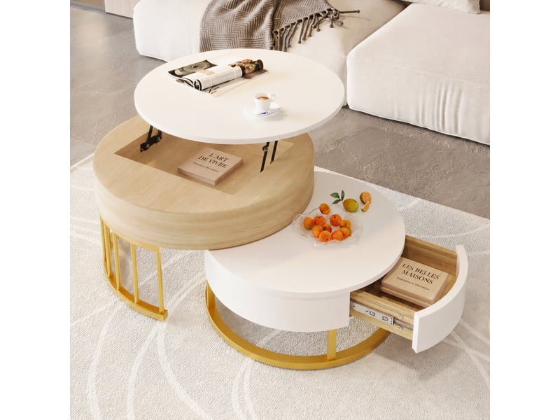  Ensemble de 2 tables basses rondes gigognes avec plateaux relevables, blanc et effet bois, ø 70 et 60 cm  - Conforama B