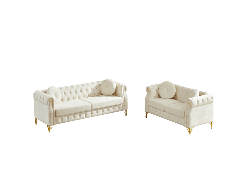  Canapé 2 +3 places en velours beige avec pieds en métal doré  - Conforama A