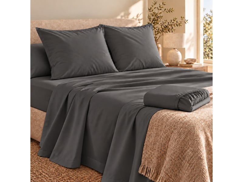  Ensemble literie 4 pièces drap plat 240 x 300 cm + drap housse 140x190 cm + 2 taies 63x63 cm percale 78 fils anthracite  - Conforama A