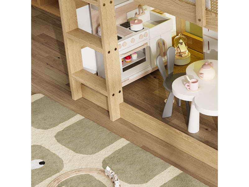 Lit mezzanine enfant,90x200 cm,avec led,bois et mdf,naturel et blanc - Conforama E