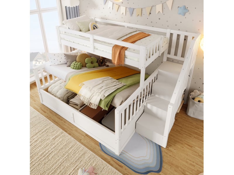  Lit superposé enfant 90x200 cm et 140x200 cm avec rangement blanc et naturel  - Conforama D