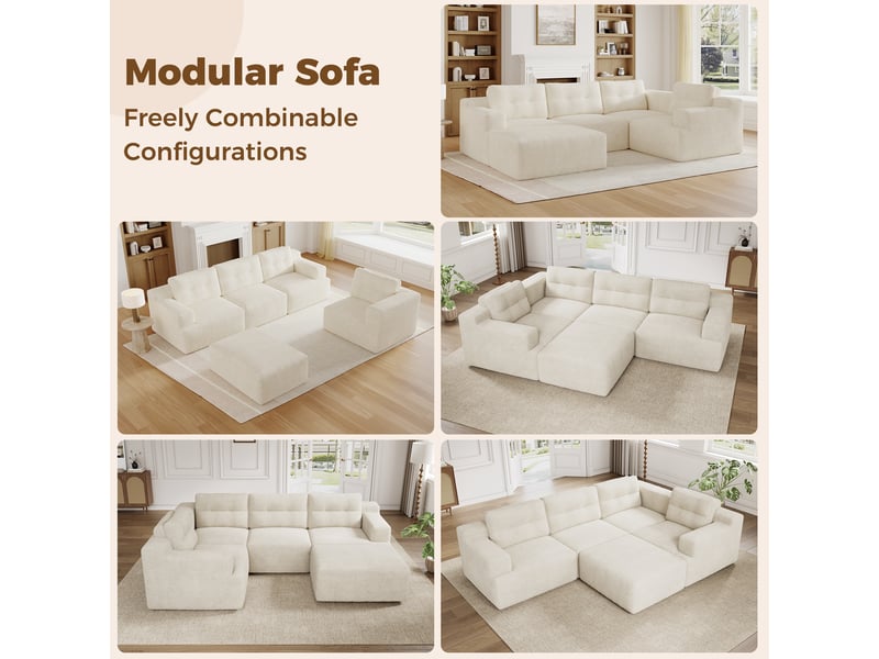 Canapé modulable 5 places en chenille beige, canapé d'angle en mousse sans structure avec pouf pour aménagement de salon et chambre - Conforama E