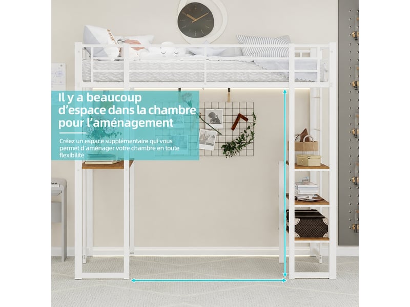Lit mezzanine avec bureau 90x190 cm en fer blanc - étagères, deux échelles et garde-corps - Conforama E