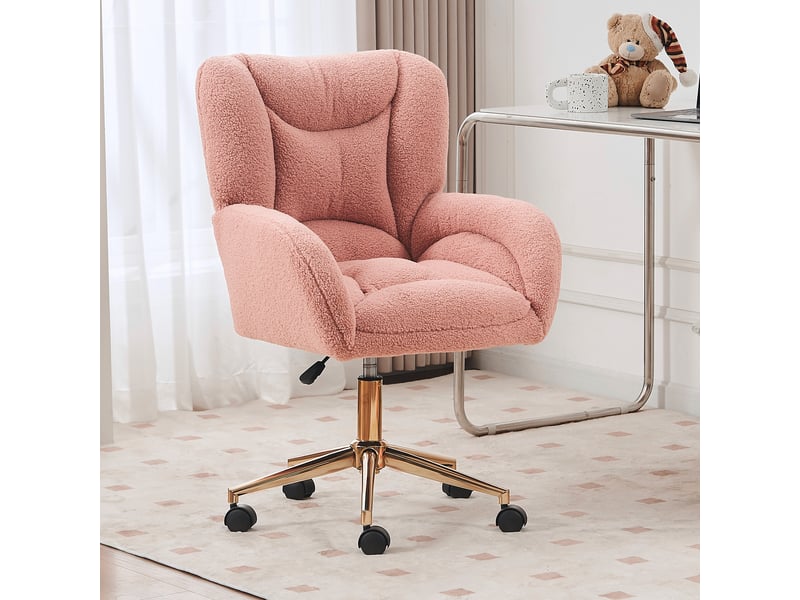  Chaise de bureau pivotante réglable avec roulettes 360° et base métallique, en tissu teddy, rose  - Conforama C