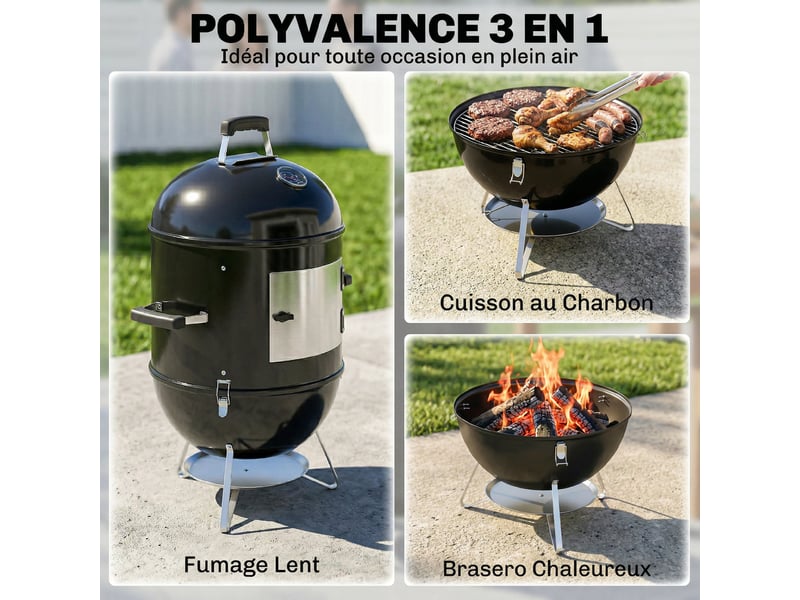  Fumoir à charbon 3 en 1, 3 grilles, thermomètre intégré, noir  - Conforama R