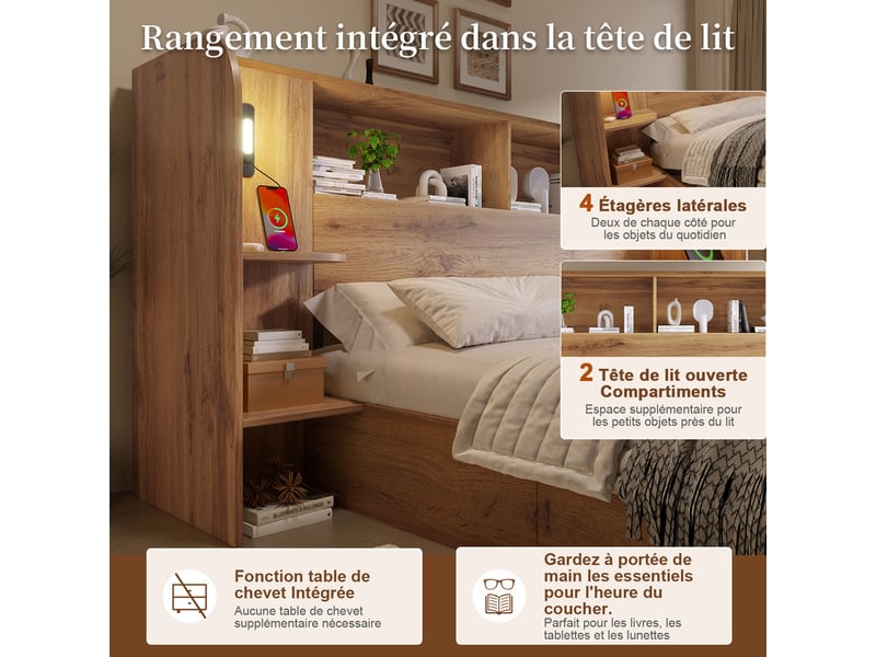 Lit double 160x200, avec coffre hydraulique, étagères tête de lit, liseuses led tactiles, usb-c, sommier lattes, chêne - Conforama E