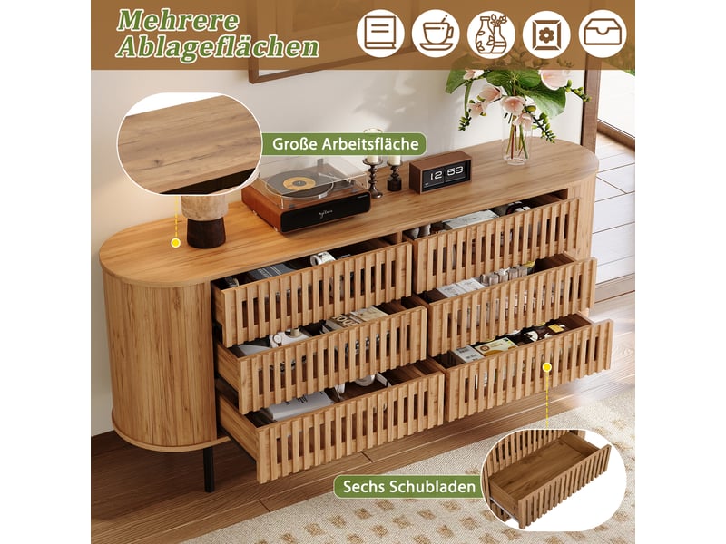  Buffet naturel 160 × 40 × 70 cm, en mdf et métal, avec 6 tiroirs et pieds en métal et façades texturées  - Conforama E