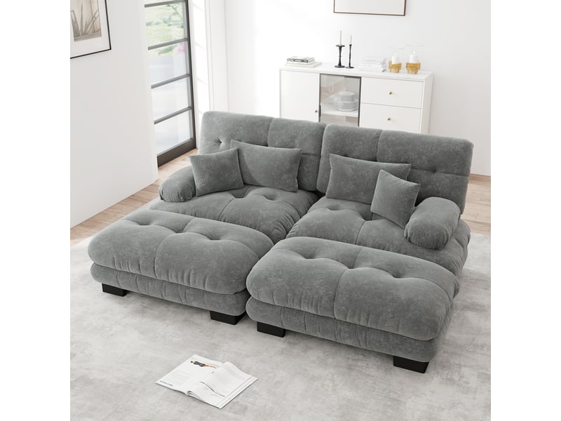  Canapé d'angle modulable avec ottomans, coussins lombaires et dossier confort en chenille gris 220 × 145 × 81 cm  - Conforama B