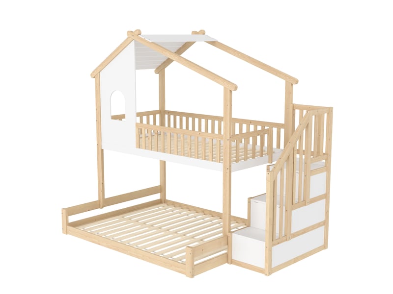  Lit cabane superposé enfant bois naturel et blanc 90x200 140x200 avec escalier et rangement  - Conforama A