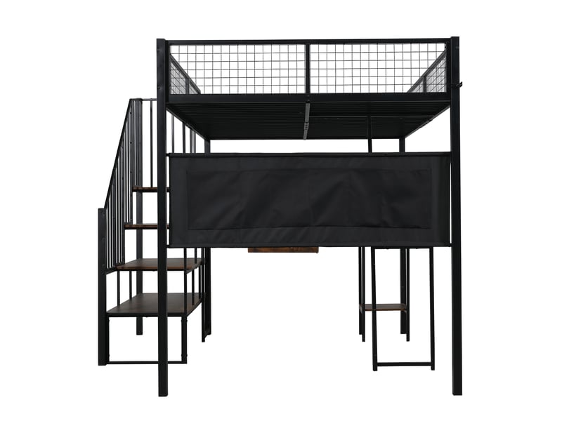  Lit mezzanine 140x200 cm noir avec bureau d’angle, escalier, tablette et prises  - Conforama D
