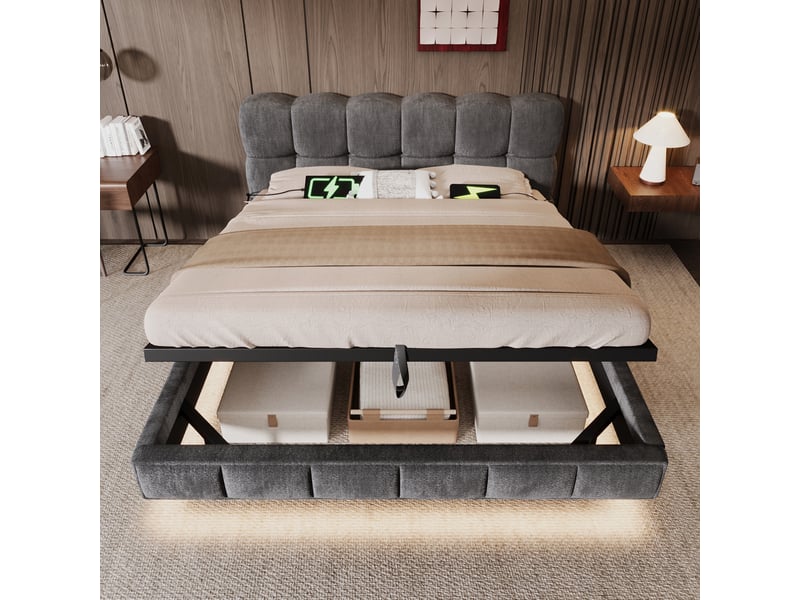  Lit coffre rembourré 140x190 cm avec rangement hydraulique, design nuage effet bulles, led, usbtype-c, chenille - gris (sans matelas)  - Conforama D