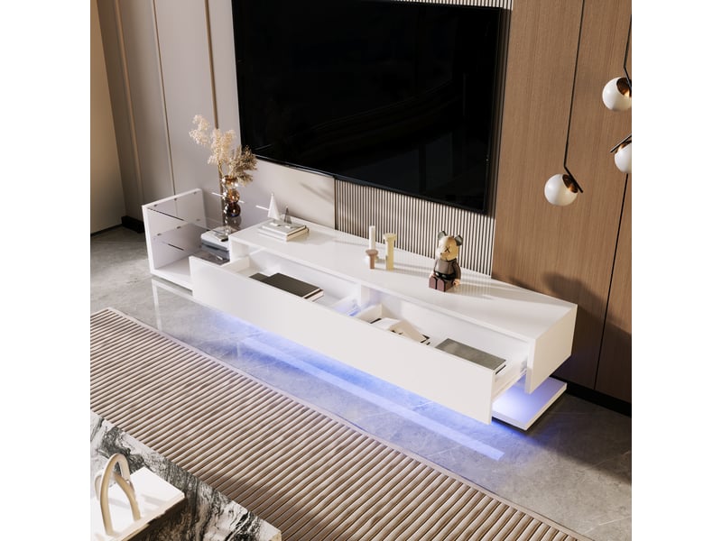 Meuble tv blanc laqué 170 cm avec led variable, 2 tiroirs et étagères en verre pour tv 50 à 59 pouces - Conforama C
