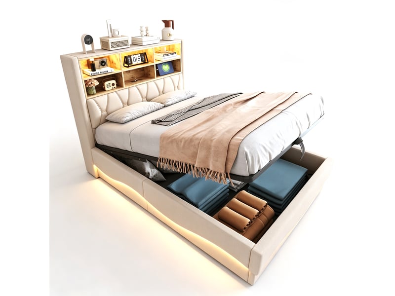  Lit capitonné 140×200 cm, coffre relevable hydraulique, bandeau led contrôlable, port usb, métal et lin beige  - Conforama A