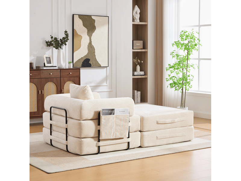 Fauteuil modulable modenvie en velours côtelé beige avec repose-pieds et coussin 112 x 190 x 67 cm  - Conforama E