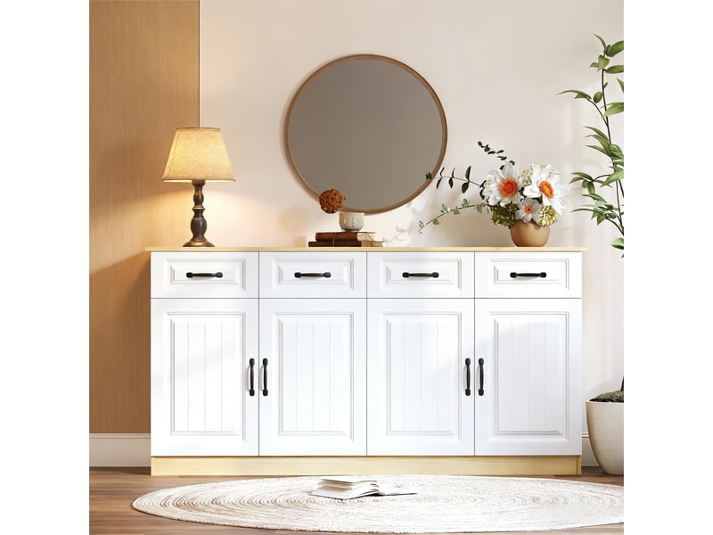 Buffet - 160x35x80cm - buffet basse de salon avec 4 tiroirs, 4 portes battantes & étagères - blanc & bois naturel - Conforama C