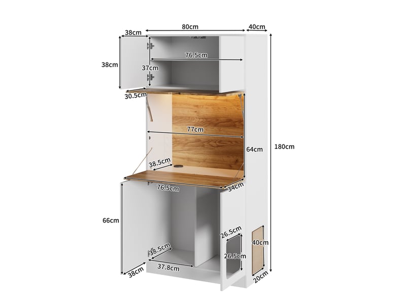  Secrétaire 80x40x180cm avec bureau rabattable, rangements pour dossiers, éclairage LED, niche pour animal et griffoir, finition blanc vieilli  - Conforama D