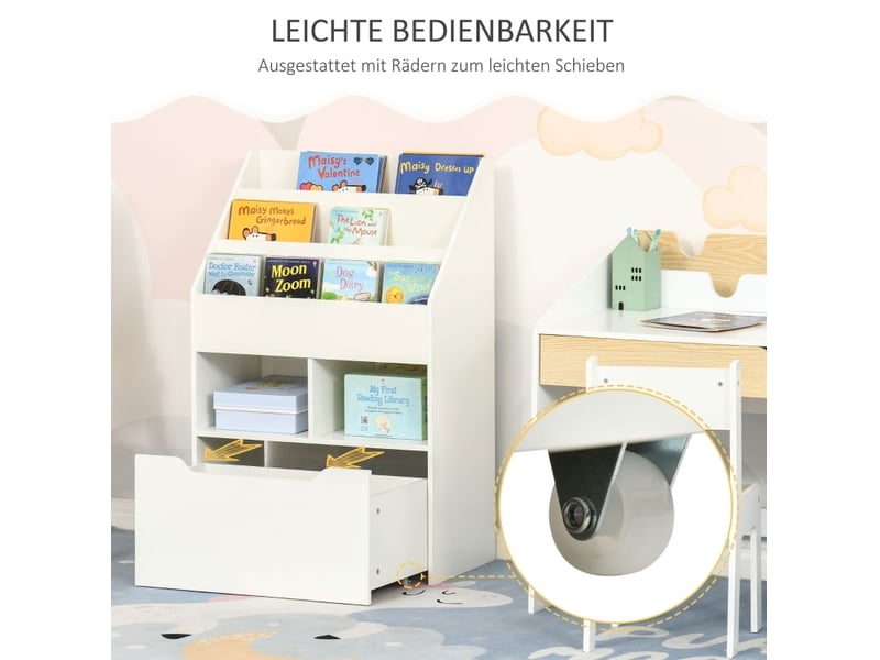  Bibliothèque enfant 60 x 29,9 x 90 cm blanche en mdf, 1 tiroir sur roulettes et 5 compartiments de rangement  - Conforama D