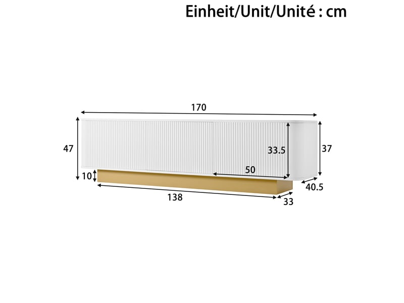  Meuble tv bas 170 x 40,5 x 47 cm, 3 portes, passe-câbles, blanc et doré  - Conforama C