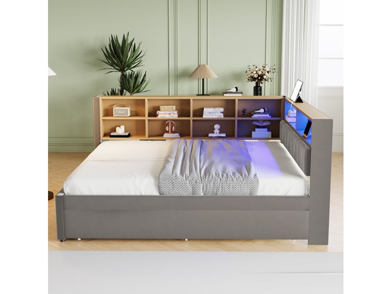  Lit banquette 140x200 cm – gris foncé – lit gigogne 90x190 cm, led, prises et rangements – sans matelas  - Conforama B